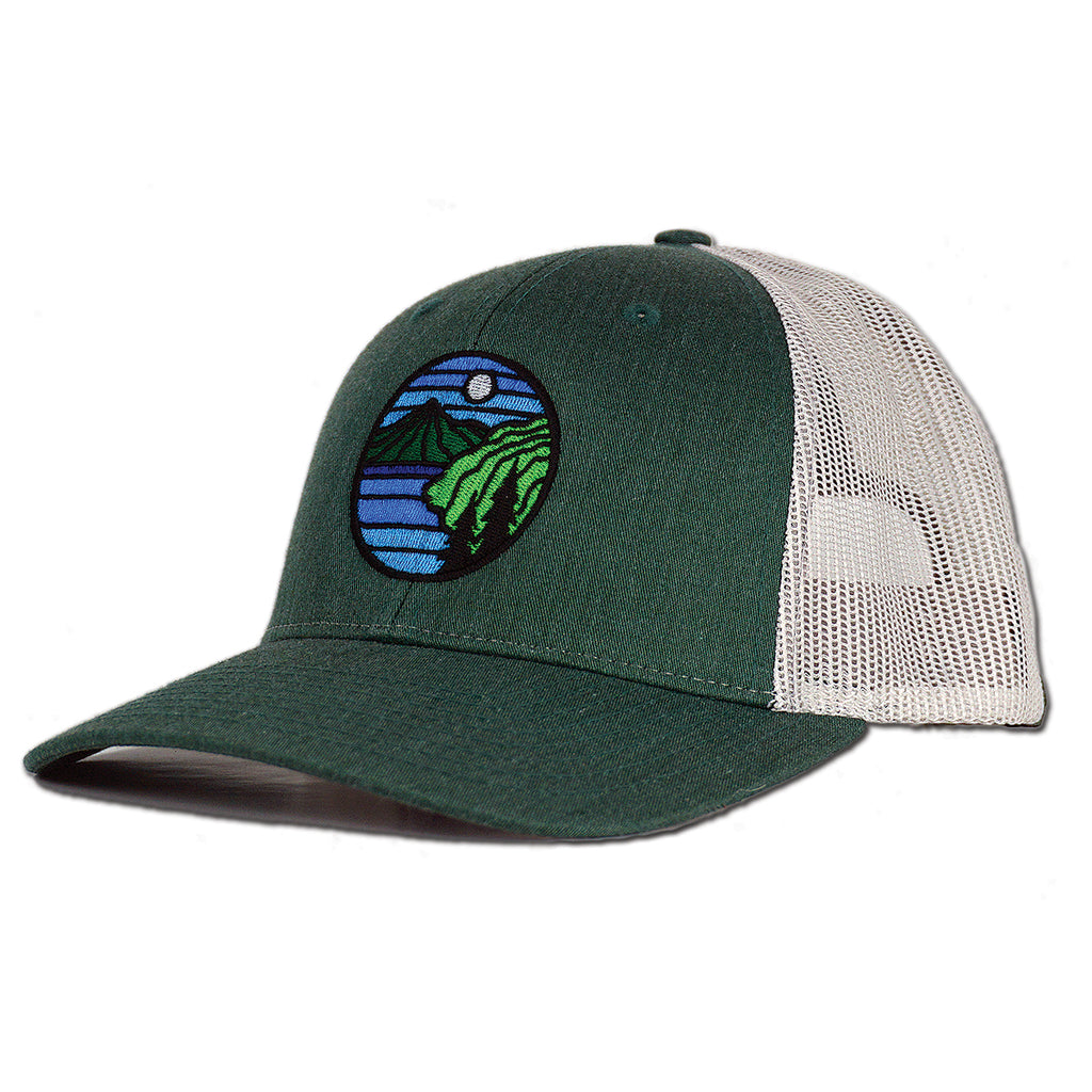 Alpine Lake Trucker Hat – - Grey Green/Light Heather Designs RISE Dark